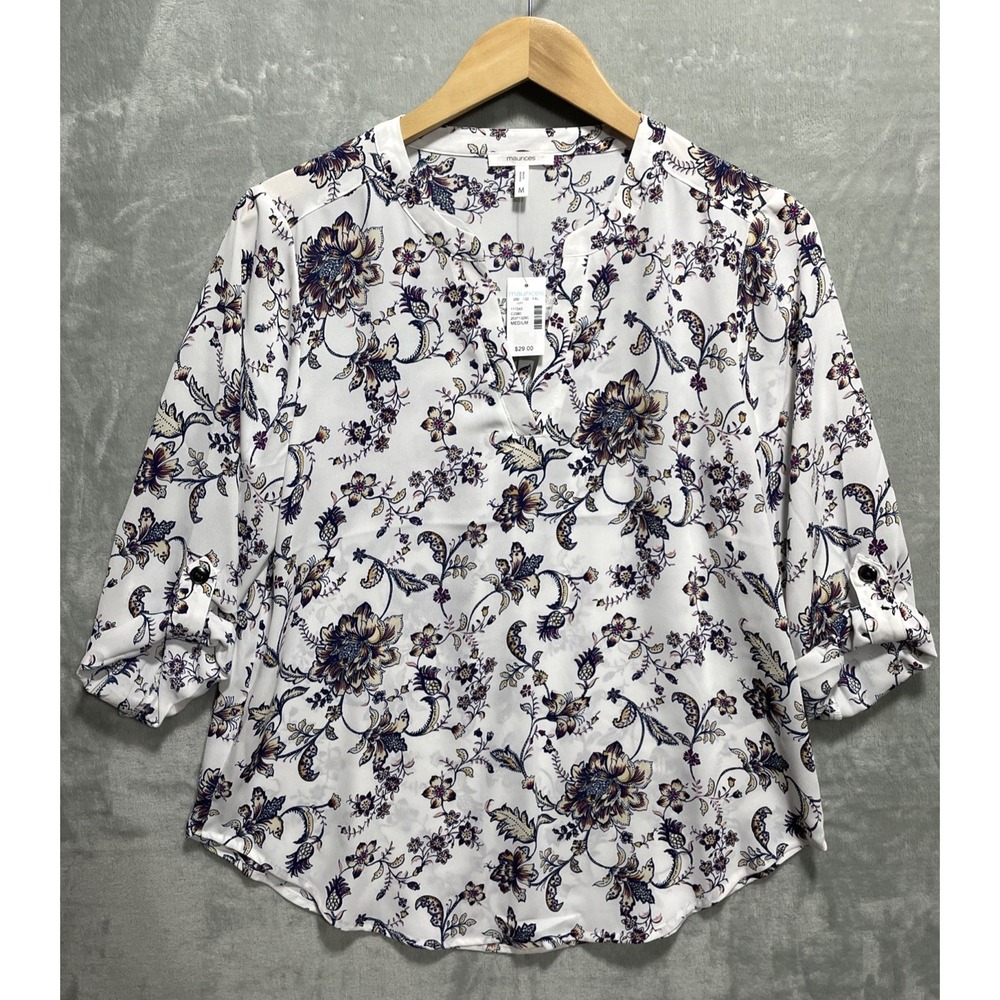 Maurices Blouse Womens Size M Floral Roll Tab Sleeve Top White Navy Purple